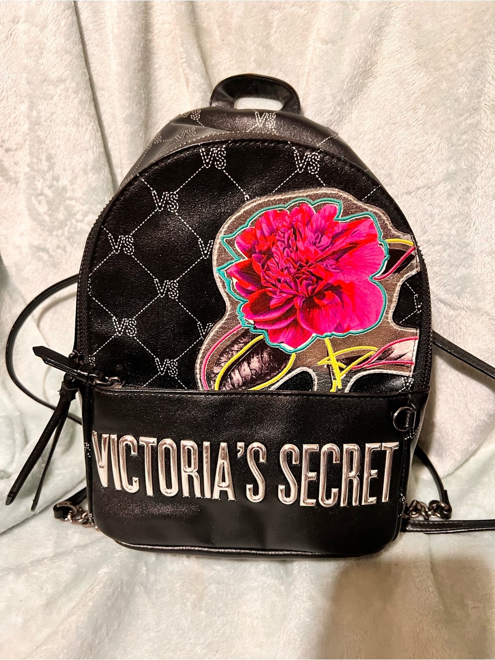 Victoria's Secret Black Mini Backpack with Hot Pink Floral Patch